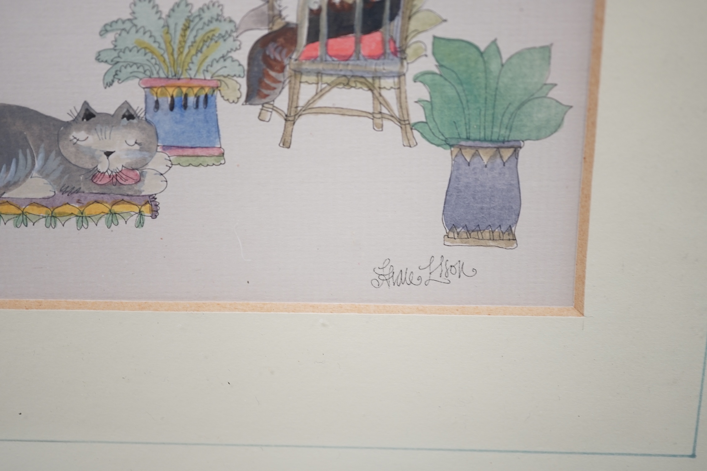 Diane Elson (Illustrator, b.1953), ink and watercolour, 'Cats in a greenhouse', signed, 26 x 17cm. Condition - good